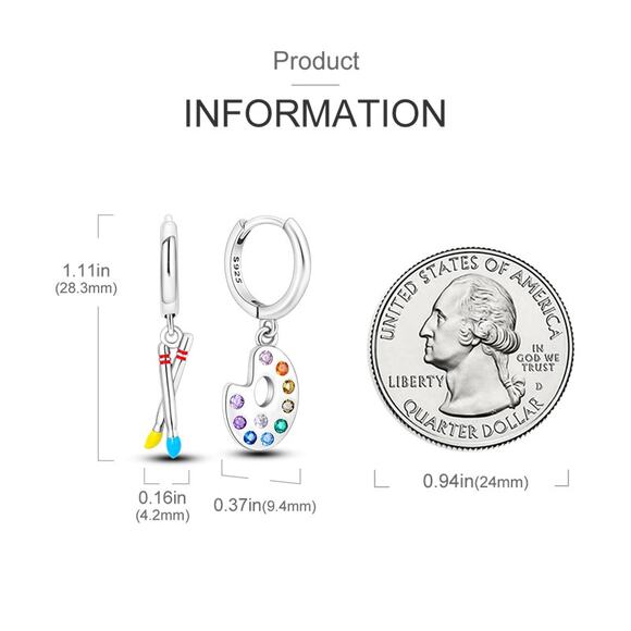Sterling Silver‎ Painter's Palette & Brush Artistic Hoop Earrings S925 - Picture 5 of 5